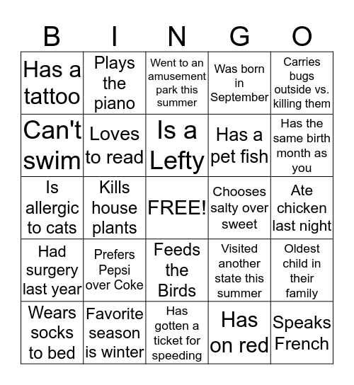 Planning Days Getting to Know You Bingo Card