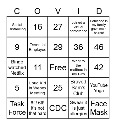 Quarantine Bingo Card