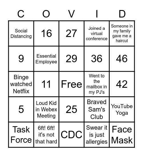 Quarantine Bingo Card