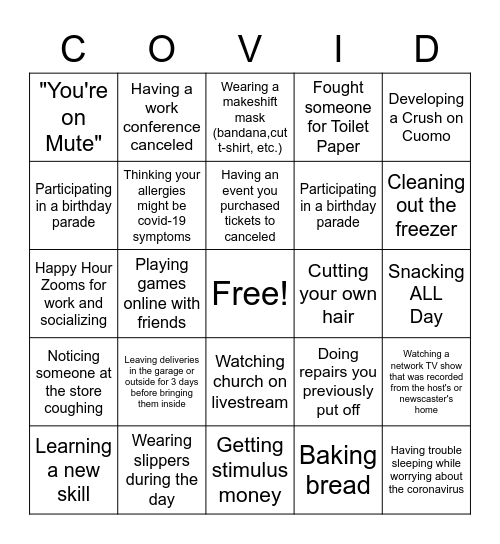 Quarantine BINGO Card