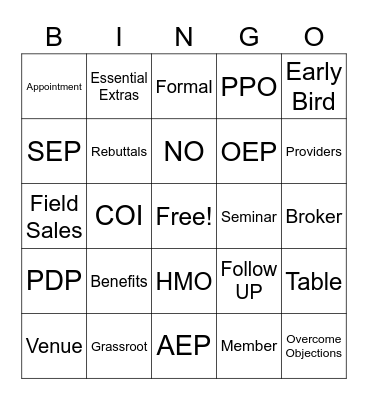 Medicare Sales Bingo Card