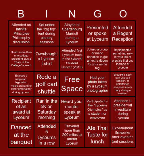 Sherman College of Chiropractic Lyceum Edition Bingo Card