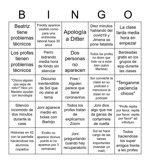 Clase De Iser Online Bingo Card