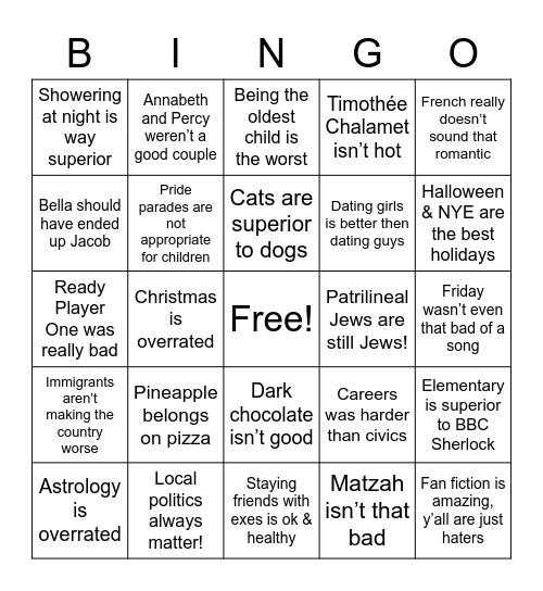 Emily’s Controversial Opinions Bingo Card