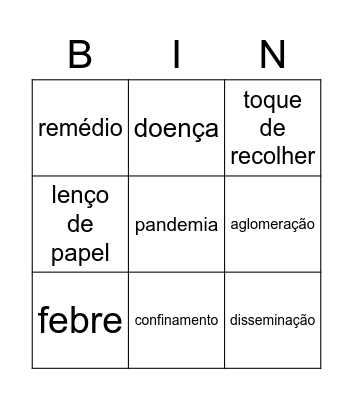 Vocabulário sobre Covid-19 Bingo Card