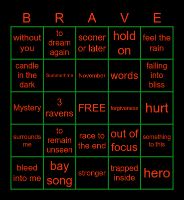 BRAVE SONG BINGO Card