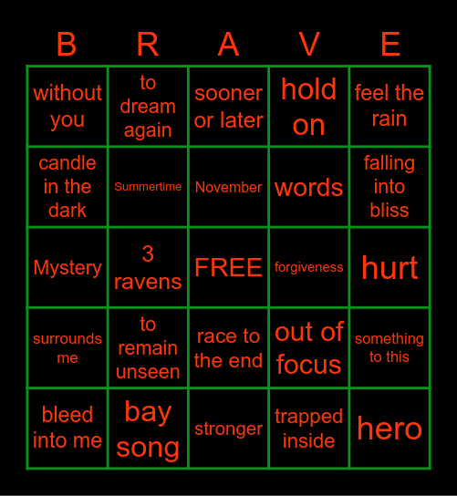 BRAVE SONG BINGO Card
