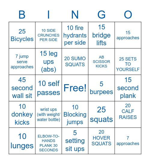Unified Volleyball Workouts Bingo Card