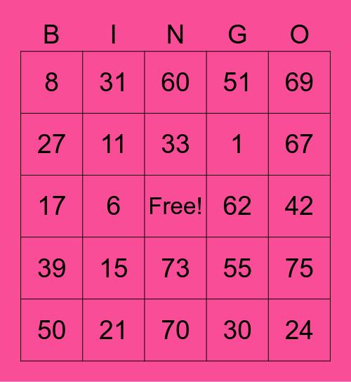 Thirty-One Bingo Card