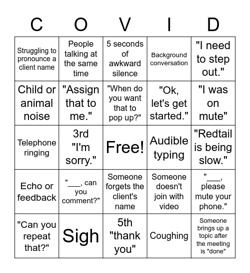 Sage Team Meeting Bingo Card