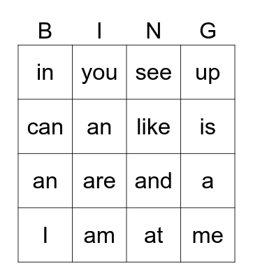 Sight Words Bingo Card