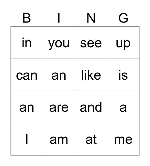 Sight Words Bingo Card
