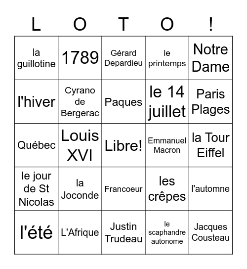 Fr 4, la Culture francophone Bingo Card