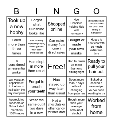 COVID-19 Quarantine Bingo Card