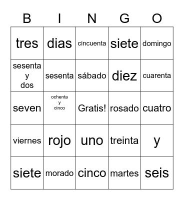 Dias de la Semana, Numeros, Colores Bingo Card