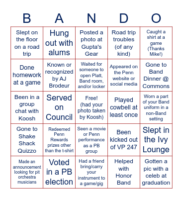 Penn Band Bingo Card