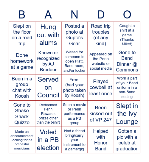 Penn Band Bingo Card
