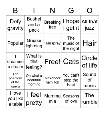Musicals Bingo Card