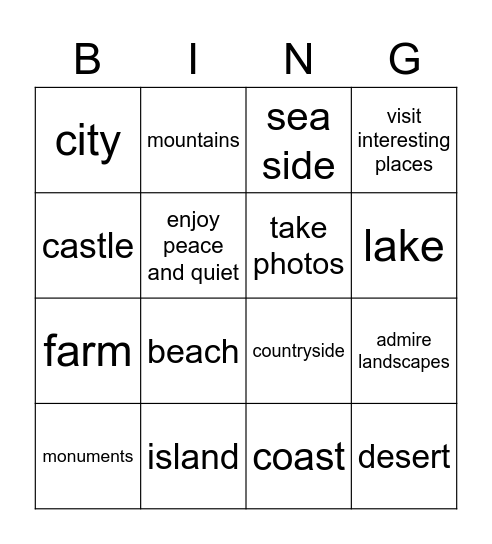 Travel Places and Activities Bingo Card