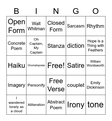 Poetry Bingo Card