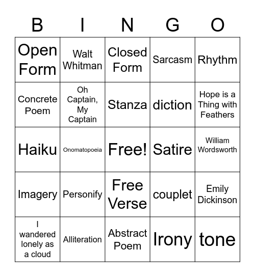 Poetry Bingo Card