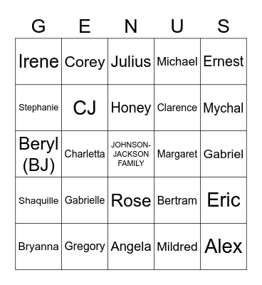 Johnson-Jackson Family Bingo Card