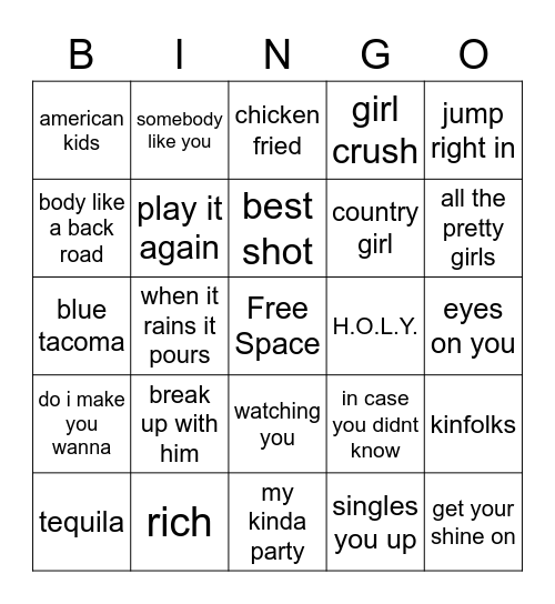 Country Singo Bingo Card
