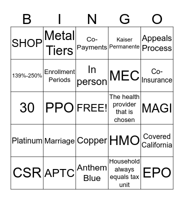 APTC/CSR Bingo Card