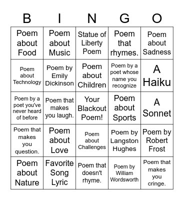 Poetry Scavenger Hunt Bingo Card