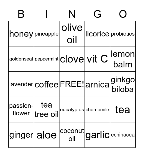 Natural Remedies Bingo Card