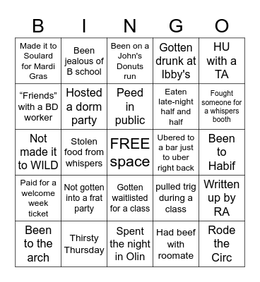 WashU Bingo Card