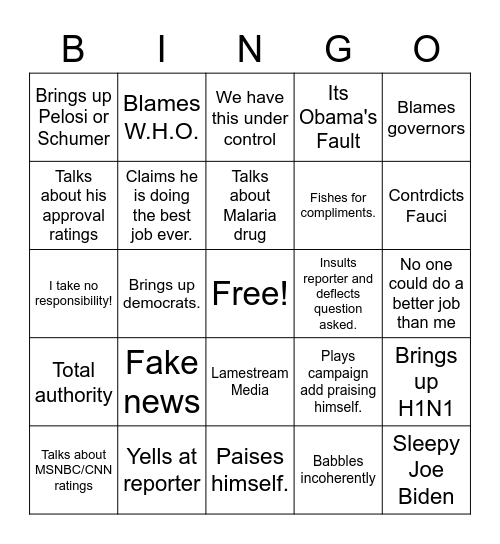 Trump Press Briefing Bingo Card