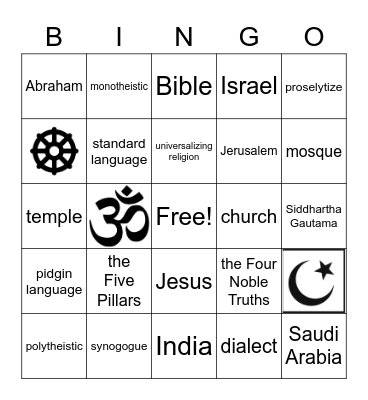 Religion and Language Bingo Card