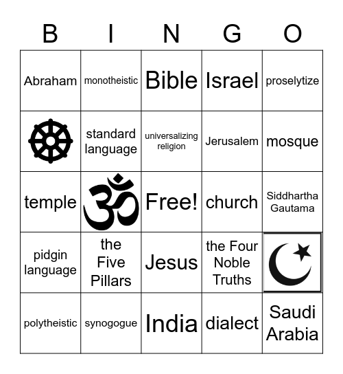 Religion and Language Bingo Card