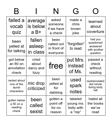 Honors english bingo Card