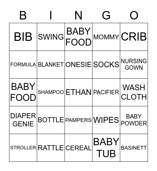 ETHAN'S BABY BINGO Card