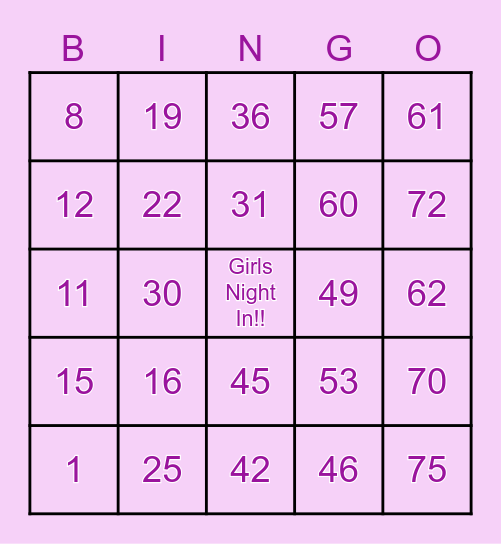 Girls Night In!! Bingo Card