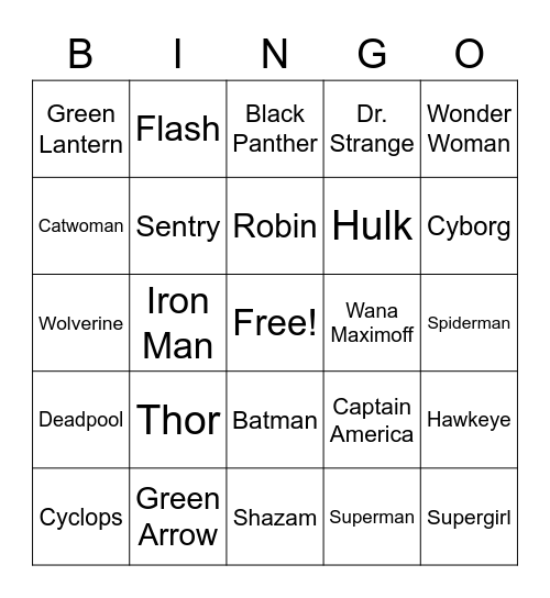 Superhero Peak-O Bingo Card