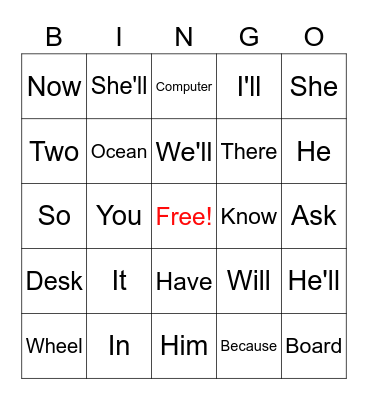 Word Bingo Card