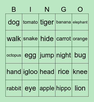 English Bingo Card