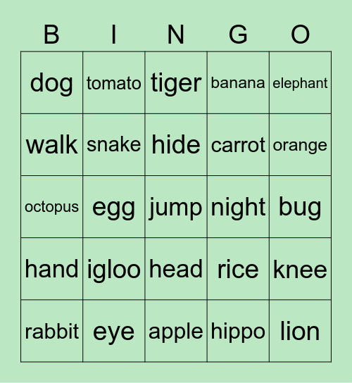 English Bingo Card
