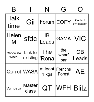 End of Half Drinks Bingo Card