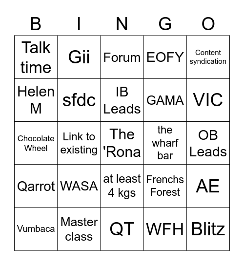 End of Half Drinks Bingo Card