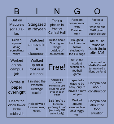 Hillsdale College Bingo Card
