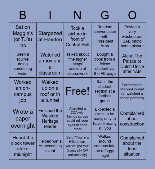 Hillsdale College Bingo Card