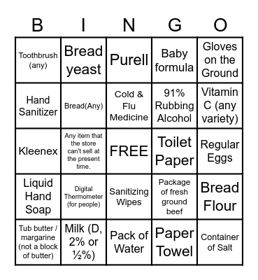 Corona Virus Bingo - Shopping Edition Bingo Card