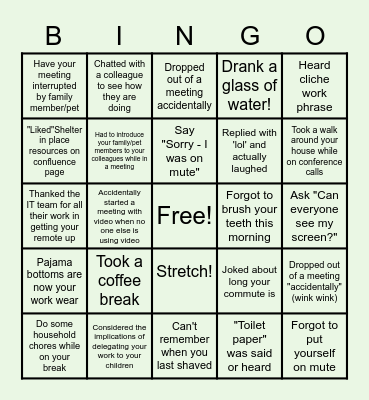 Remote Work Bingo Card