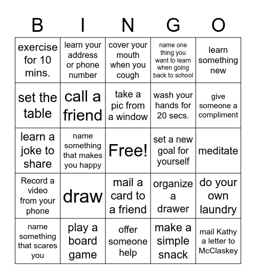 Life Skills Bingo Card