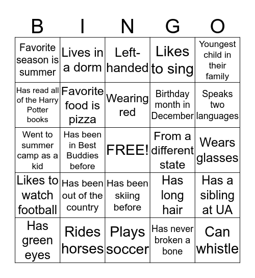 Best Buddies Bingo Card