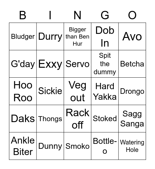 AMCSA Aussie Slang Bingo Card